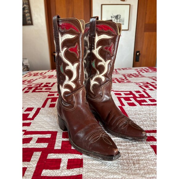 Vintage Frye Cowboy Boots Women's 8.5M (please read), brown, with red and white - Picture 2 of 10